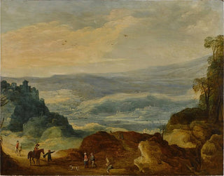 Workshop of Joos de Momper - An extensive river landscape with peasants and horsemen in the foreground.webp