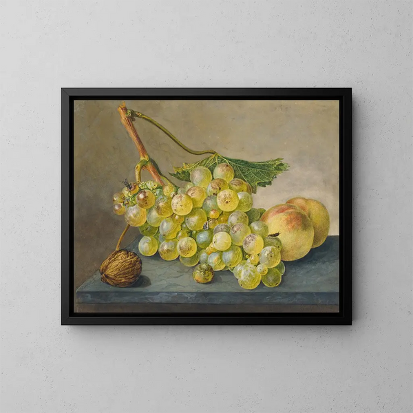 Eine Traube, eine Nuss und zwei Pfirsiche - Wybrand Hendriks — gerahmtes Bild an der Wand