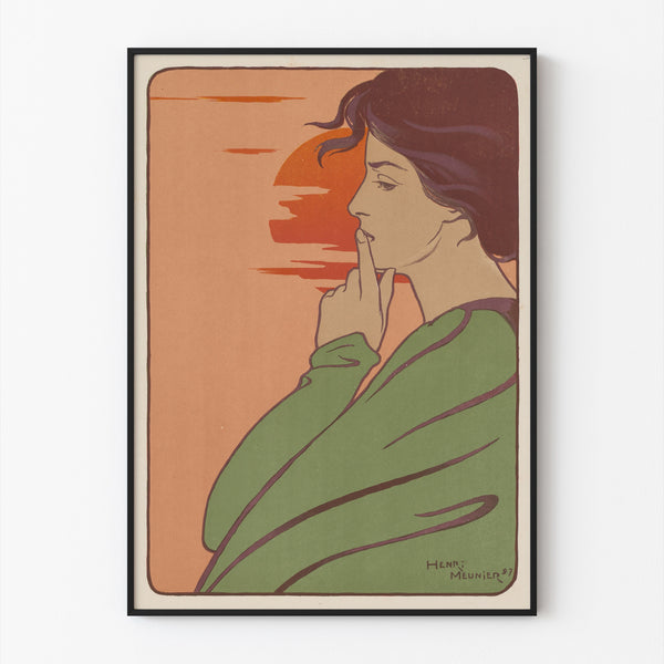 Art Nouveau – L’Heure du silence – Henri Meunier poster, displayed in a slim frame on a light wall.