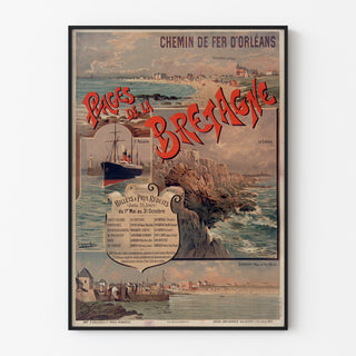 Vintage-Poster Bretagne – Strände der Bretagne, Orléans, in einem dünnen Rahmen an einer hellen Wand.