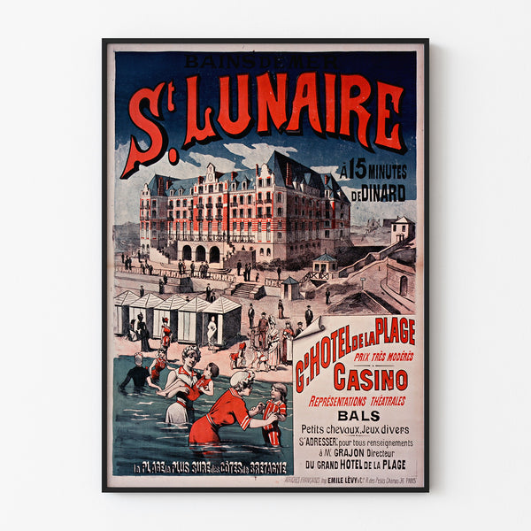 Vintage-Plakat Bretagne – Saint-Lunaire, Seebäder, in einem schmalen Rahmen an einer hellen Wand.
