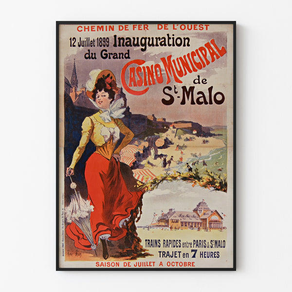 Vintage-Poster Bretagne – Saint-Malo, Eröffnung des Casinos, in einem feinen Rahmen an einer hellen Wand präsentiert.