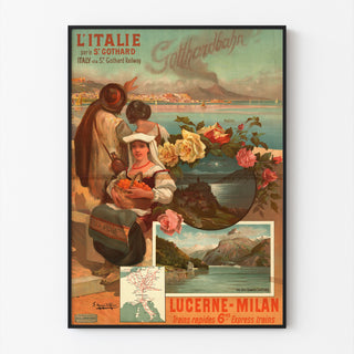 Manifesto ferroviario – Italia via San Gottardo, 1892, presentato in una cornice sottile su una parete chiara.