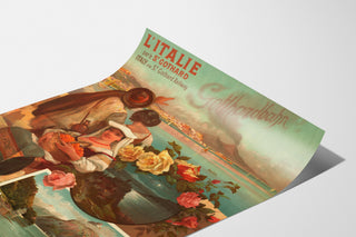 Manifesto ferroviario – Italia via San Gottardo, 1892, esposto su una pagina incurvata, vista in prospettiva.