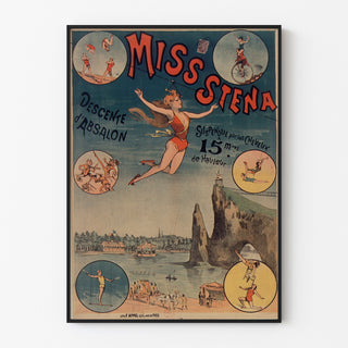 Manifesto circense vintage Miss Stena, discesa di Absalon, presentato in una cornice sottile su una parete chiara.