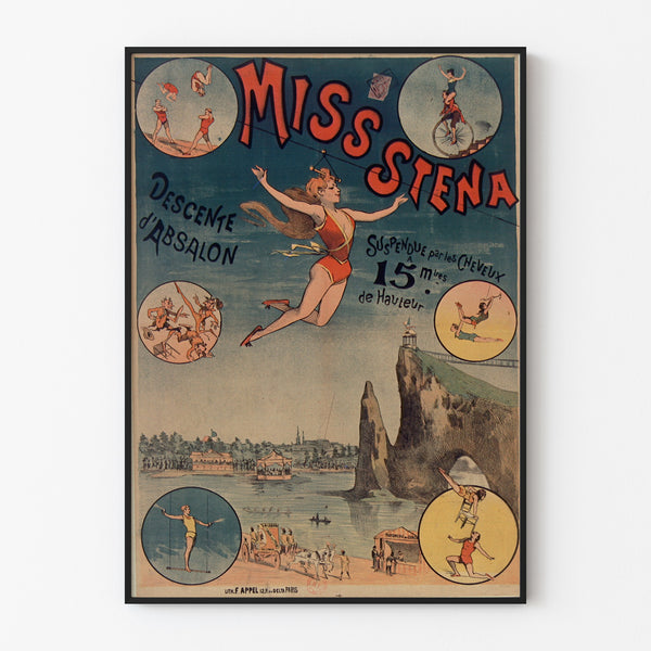 Vintage circus poster Miss Stena—Descent of Absalon—framed in a thin frame on a light wall.