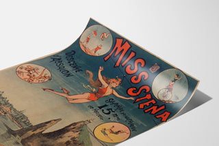 Manifesto circense vintage Miss Stena, discesa di Absalon, presentato su una pagina curva, visto in prospettiva.