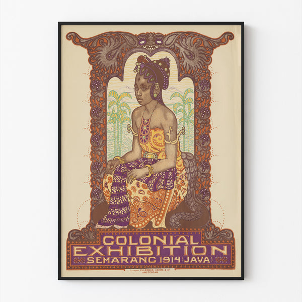 Historic poster – Colonial Exhibition of Semarang, 1914, shown in a thin frame on a light wall.