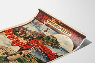 Vintage-Plakat Normandie – Normandie und Bretagne — Chemins de fer de l’Ouest, auf leicht gebogener Fläche in perspektivischer Ansicht.
