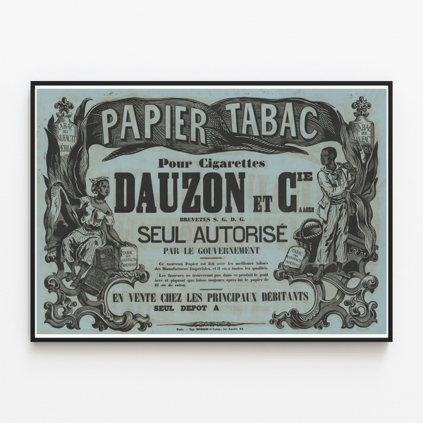Manifesto Pub tabac per sigarette — Dauzon et Cie, Agen, presentato in una cornice sottile su una parete chiara.