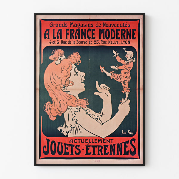 Manifesto pubblicitario vintage À la France moderne, Lyon, esposto in cornice sottile su una parete chiara.