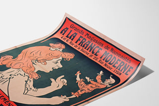 Vintage-Werbeplakat «À la France moderne, Lyon», auf einer gebogenen Papierseite dargestellt, perspektivische Ansicht.