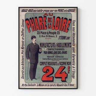 Vintage advertisement Au Phare de la Loire, clothing, poster in a thin frame on a light wall.