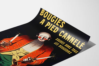 Manifesto pubblicitario vintage Bougies Fournier, presentato su una pagina curva, visto in prospettiva.