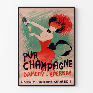 Vintage-Werbeplakat Champagne Damery-Épernay, in einem dünnen Rahmen an einer hellen Wand.