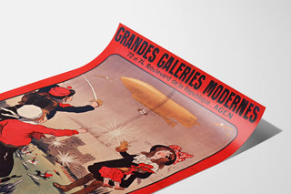 Manifesto pubblicitario vintage Grandes Galeries modernes, Agen, presentato su una pagina curva, visto in prospettiva.