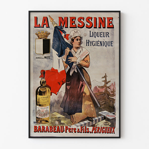 Manifesto pubblicitario vintage La Messine, liquore, in cornice sottile su una parete chiara.