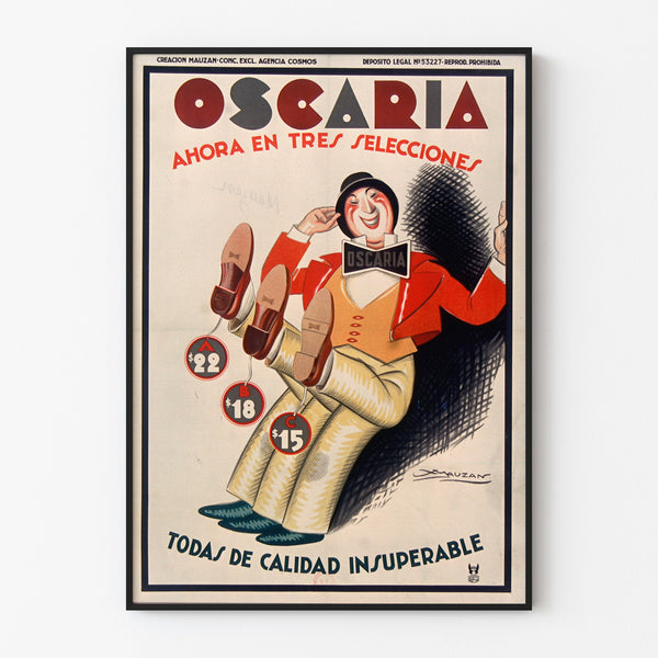 Manifesto pubblicitario vintage Oscaria, calzature, esposto in una cornice sottile su una parete chiara.