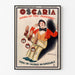 Vintage advertising poster Oscaria, shoes, shown in a slim frame on a light wall.