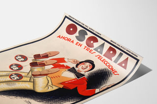 Vintage advertising poster Oscaria, shoes, presented on a curled sheet, viewed in perspective.