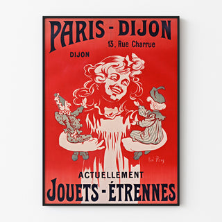 Manifesto pubblicitario vintage Paris-Dijon, giocattoli e regali, in cornice sottile su una parete chiara.
