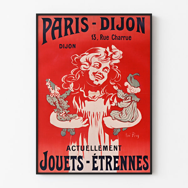 Manifesto pubblicitario vintage Paris-Dijon, giocattoli e regali, in cornice sottile su una parete chiara.
