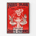 Manifesto pubblicitario vintage Paris-Dijon, giocattoli e regali, in cornice sottile su una parete chiara.