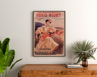 Vintage advertising poster Paris–Niort, summer novelties, framed above a wooden dresser, between plants.