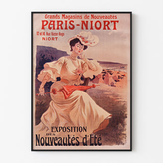 Vintage advertising poster Paris–Niort, summer novelties, shown in a slim frame on a light wall.