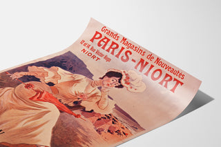 Vintage advertising poster Paris–Niort, summer novelties, shown on a curved sheet, viewed in perspective.