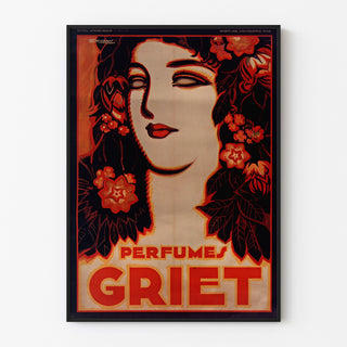 Manifesto pubblicitario vintage Perfumes Griet, esposto in una cornice sottile su una parete chiara.