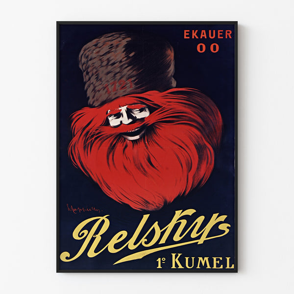 Manifesto pubblicitario vintage Relskyr - 1° Kumel, esposto in una cornice sottile su una parete chiara.