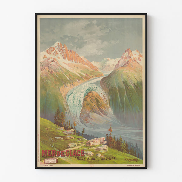 Antique school poster – Mer de Glace – Hugo d’Alési, displayed in a thin frame on a light wall.