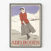 Schweizer Vintage-Plakat – Adelboden – Carlo Pellegrini, 1905, in einem schmalen Rahmen an einer hellen Wand.