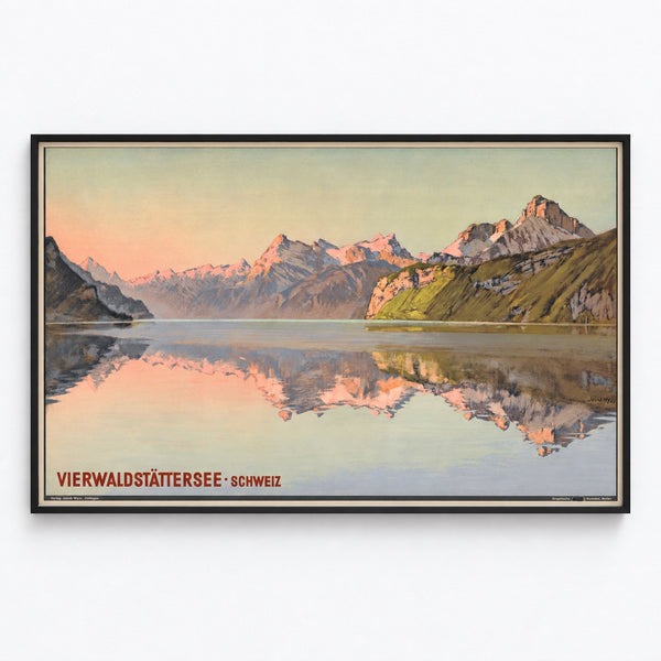 Vintage Swiss poster – Lake Lucerne (Vierwaldstättersee) – Jakob Wyss, shown in a thin frame on a light wall.