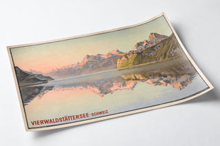Vintage Swiss poster – Lake Lucerne (Vierwaldstättersee) – Jakob Wyss, presented on a curled sheet, viewed in perspective.