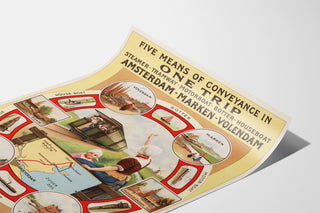 Vintage-Reiseplakat – Amsterdam, Marken und Volendam, auf einer gebogenen Papierseite präsentiert, perspektivisch gesehen.