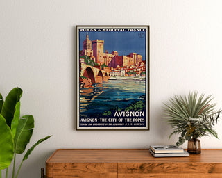 Vintage travel poster – Avignon, Roman & Mediaeval France, framed above a wooden dresser, between plants.