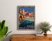 Vintage travel poster – Avignon, Roman & Mediaeval France, framed above a wooden dresser, between plants.