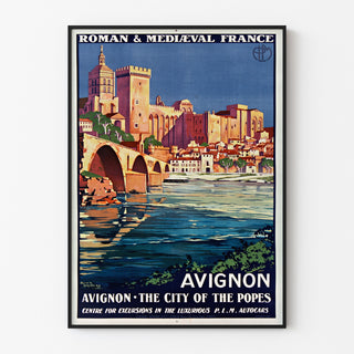 Vintage travel poster – Avignon, Roman & Mediaeval France, shown in a slim frame on a light wall.