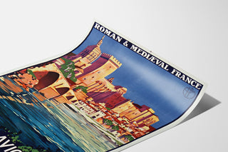 Vintage travel poster – Avignon, Roman & Mediaeval France, displayed on a curved sheet, perspective view.