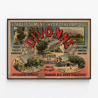 Vintage travel poster – Divonne — Family stay near Lake Geneva, shown in a slim frame on a light wall.