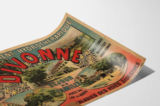 Vintage travel poster – Divonne — Family stay near Lake Geneva, displayed on a curved paper sheet, perspective view.