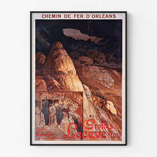 Vintage tourist poster – Grottes de Lacave, Rocamadour in a thin frame on a light wall.