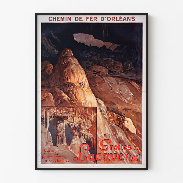 Vintage-Reiseplakat – Grottes de Lacave, Rocamadour, in einem schmalen Rahmen an einer hellen Wand.