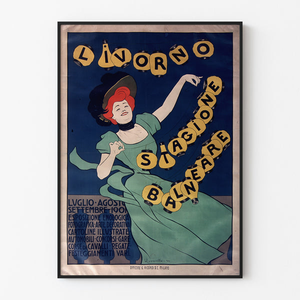 Vintage-Reiseplakat – Livorno, Badesaison, in einem schlanken Rahmen an einer hellen Wand.