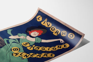 Vintage travel poster – Livorno, bathing season, displayed on a curved sheet, perspective view.