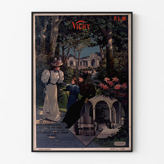 Vintage-Reiseplakat – Vichy, PLM, in einem schmalen Rahmen an einer hellen Wand.