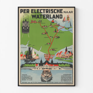 Vintage-Reiseplakat – Waterland, elektrische Straßenbahn, in einem schmalen Rahmen an einer hellen Wand präsentiert.