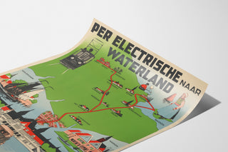 Vintage-Reiseplakat – Waterland, elektrische Straßenbahn, auf einer gebogenen Papierseite präsentiert, perspektivisch gesehen.